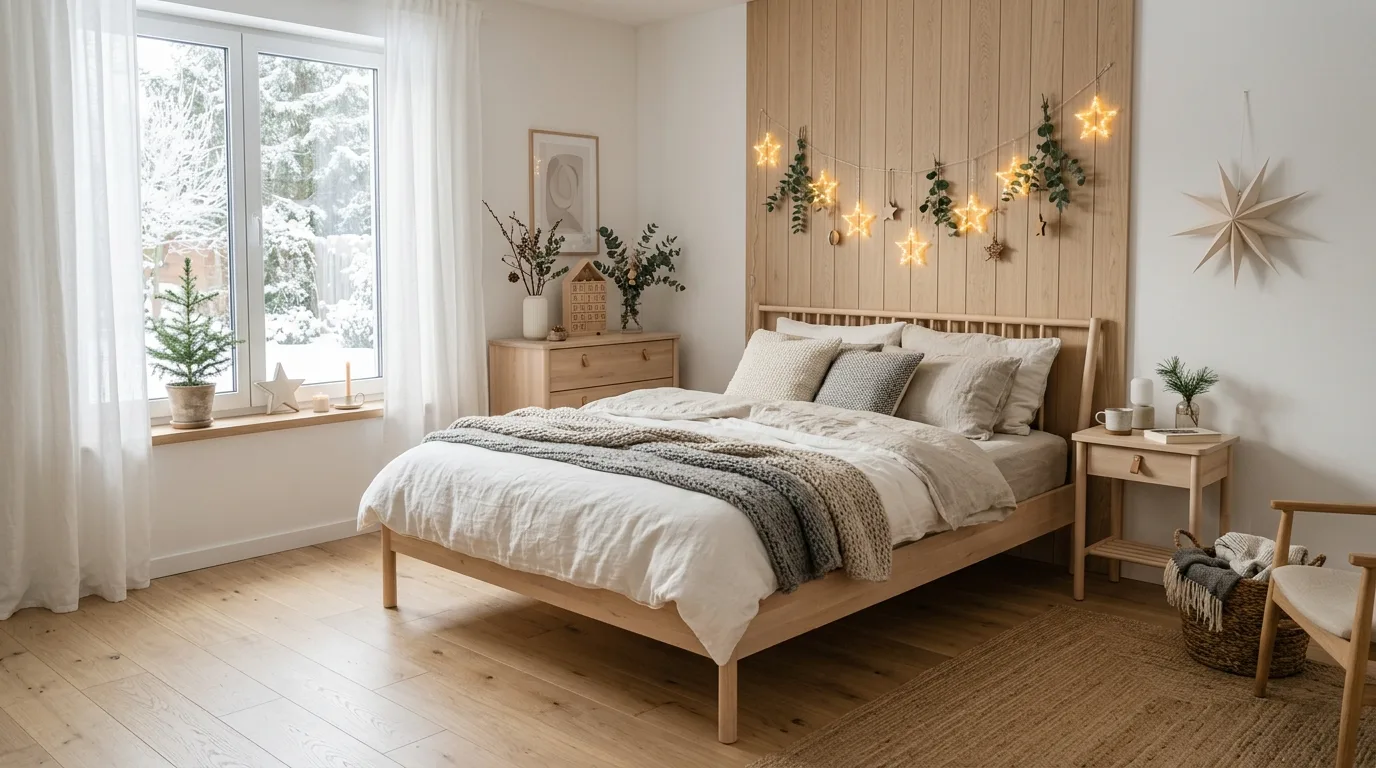 Let the window area join the winter mood inspiration for a Christmas bedroom.